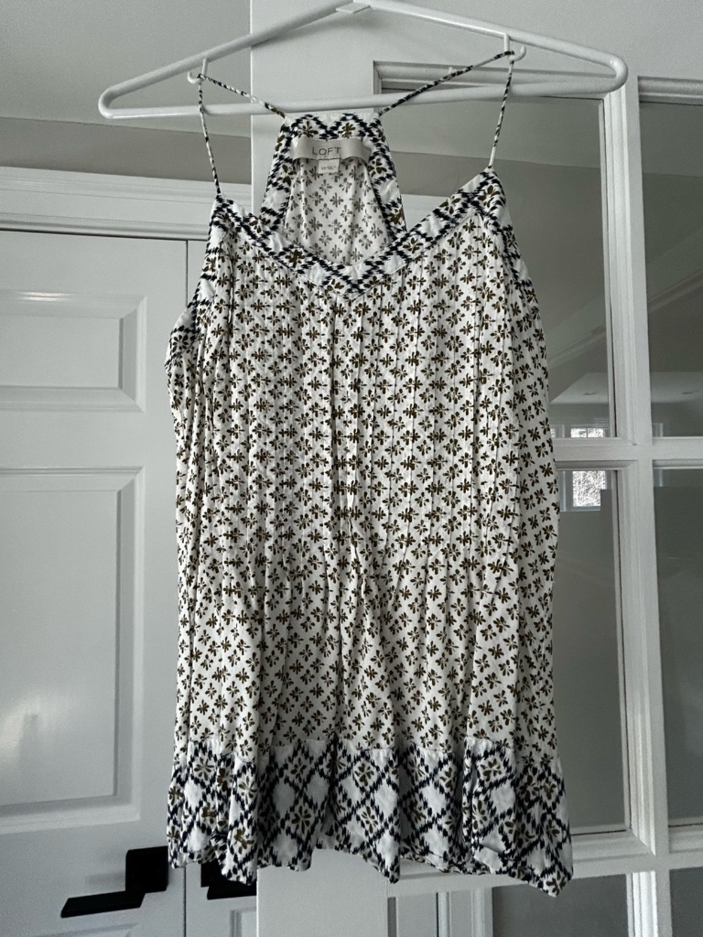 LOFT White Spaghetti-Strap Mini Dress with Navy Print